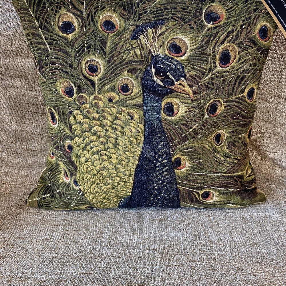 Close up of Peacock Pillow.. Authentic European Tapestry